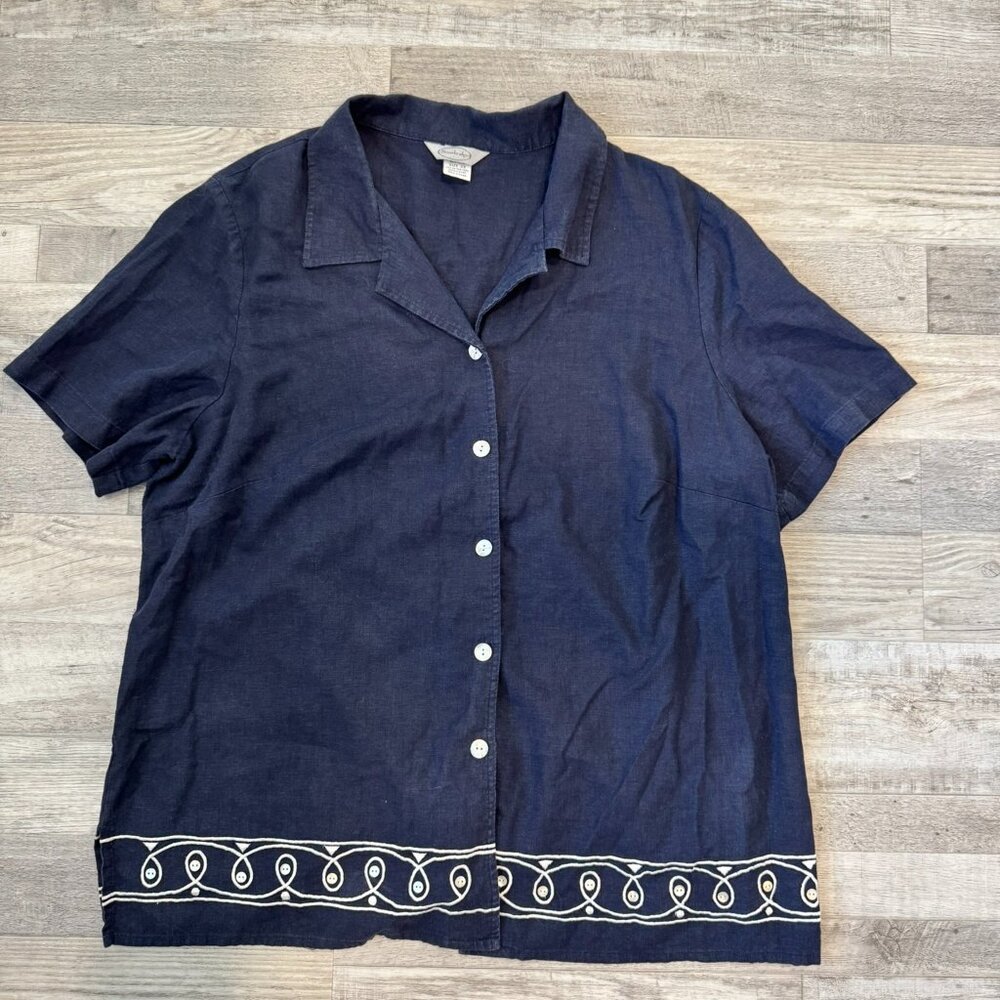 Vintage Stonebridge Linen Blend Navy Embroidered Button Down Size 2X H7